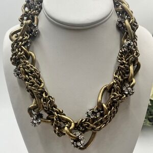 J. Crew Vintage Bronze 4 Strand Chain Link Rhinestone Twisted Statement Necklace